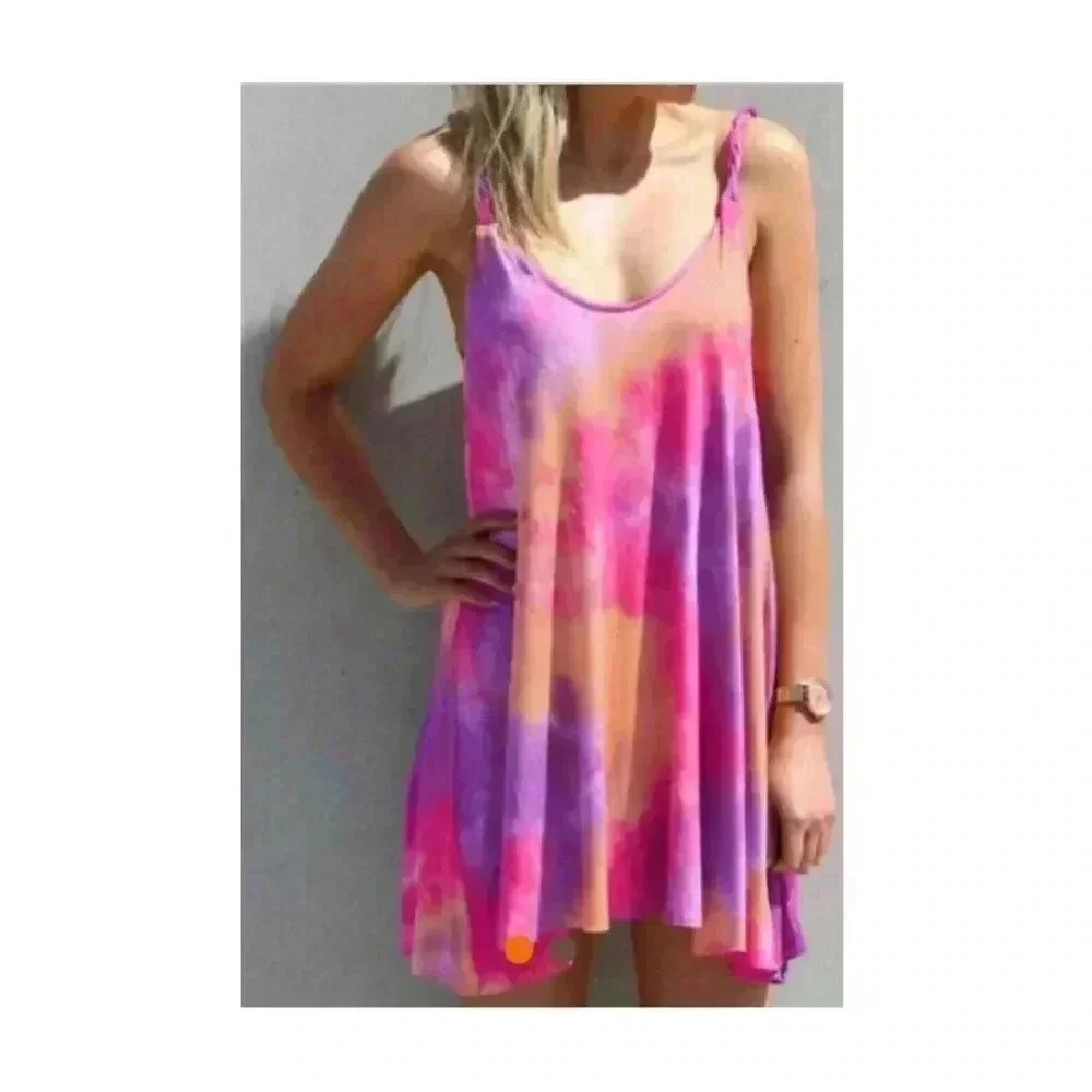 🆕Pink Colorful Tie Dye Trendy U Neck Swing Mini Dress S🆕